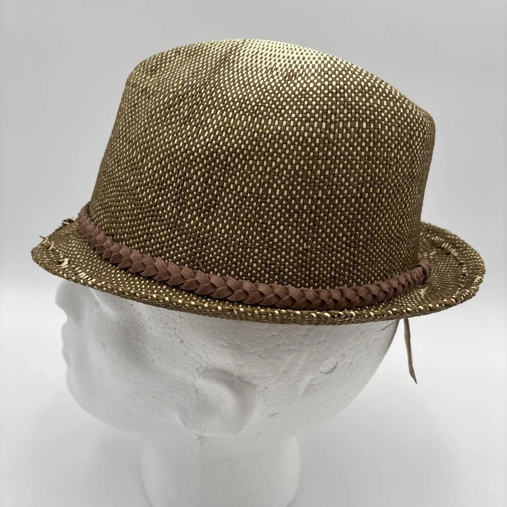 True Religion Jeans Paper Straw Fedora Hat Small/Medium Distressed‎ Leather NWT